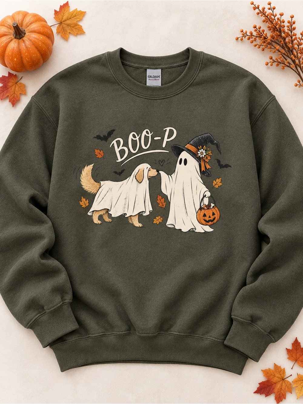 Ghost Dog Sweatshirt Boop Halloween Gildan Military Green
